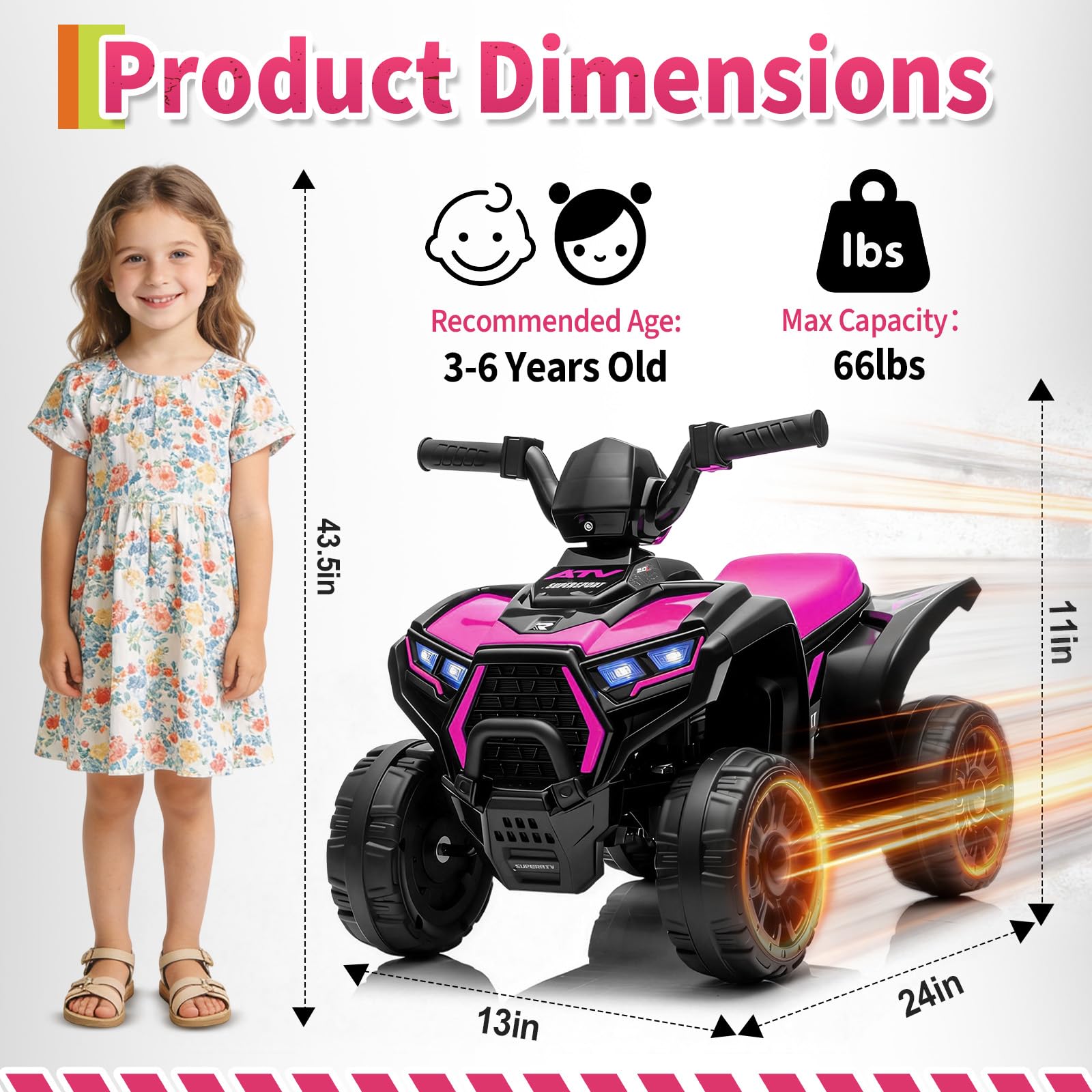 Garvee 6V Battery Powered Kids ATV Car with Lights, Music, 3.5mph Speed, 4 Wheeler, All-Terrain Tires, Safe Ride for Toddlers