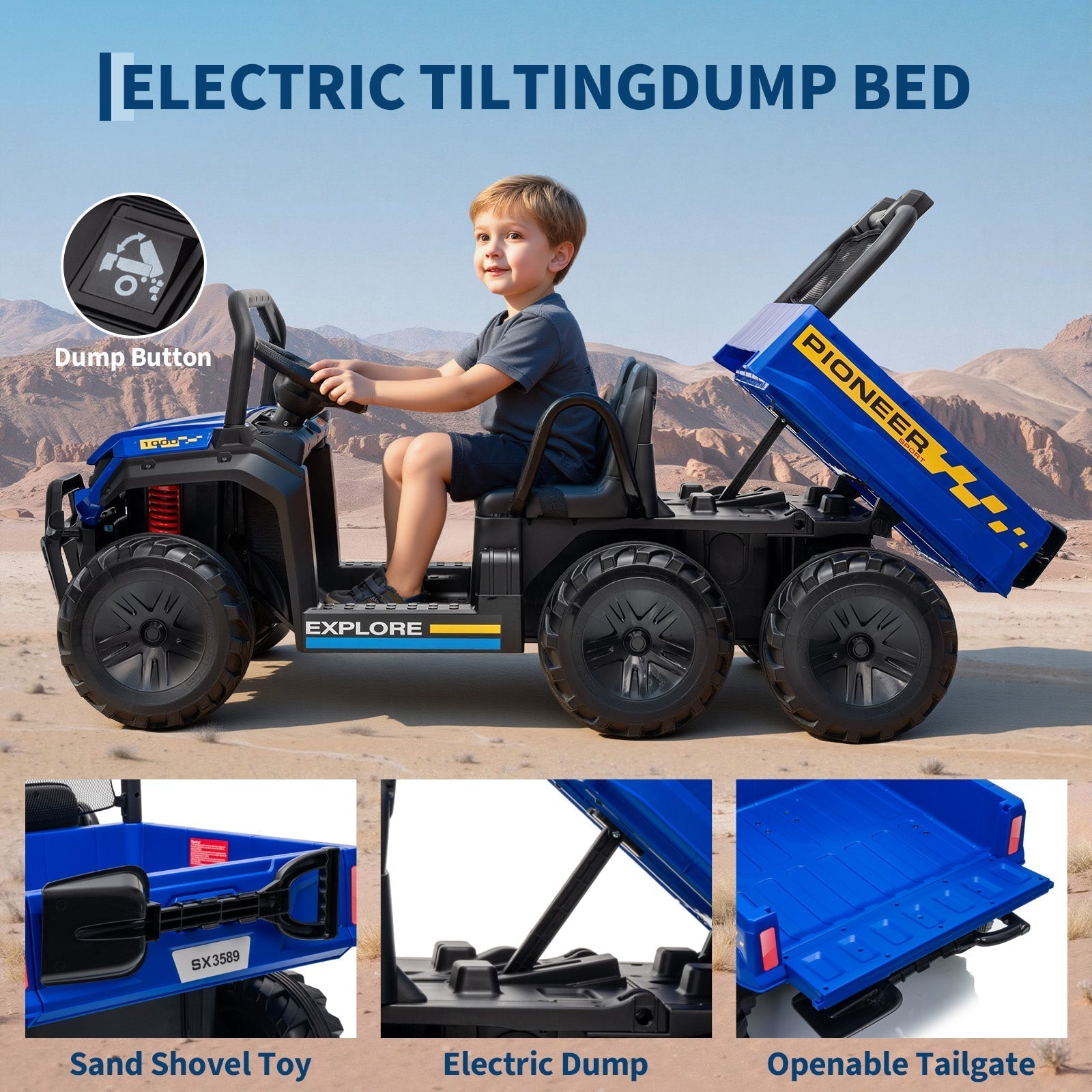 Garvee 24V 4WD Electric Ride on Dump Truck for Kids, 2 Seater with Remote Control, Dump Bed, 3 Speed Modes, Music Player, All-Terrain Off-Road Vehicle Toy for Boys & Girls