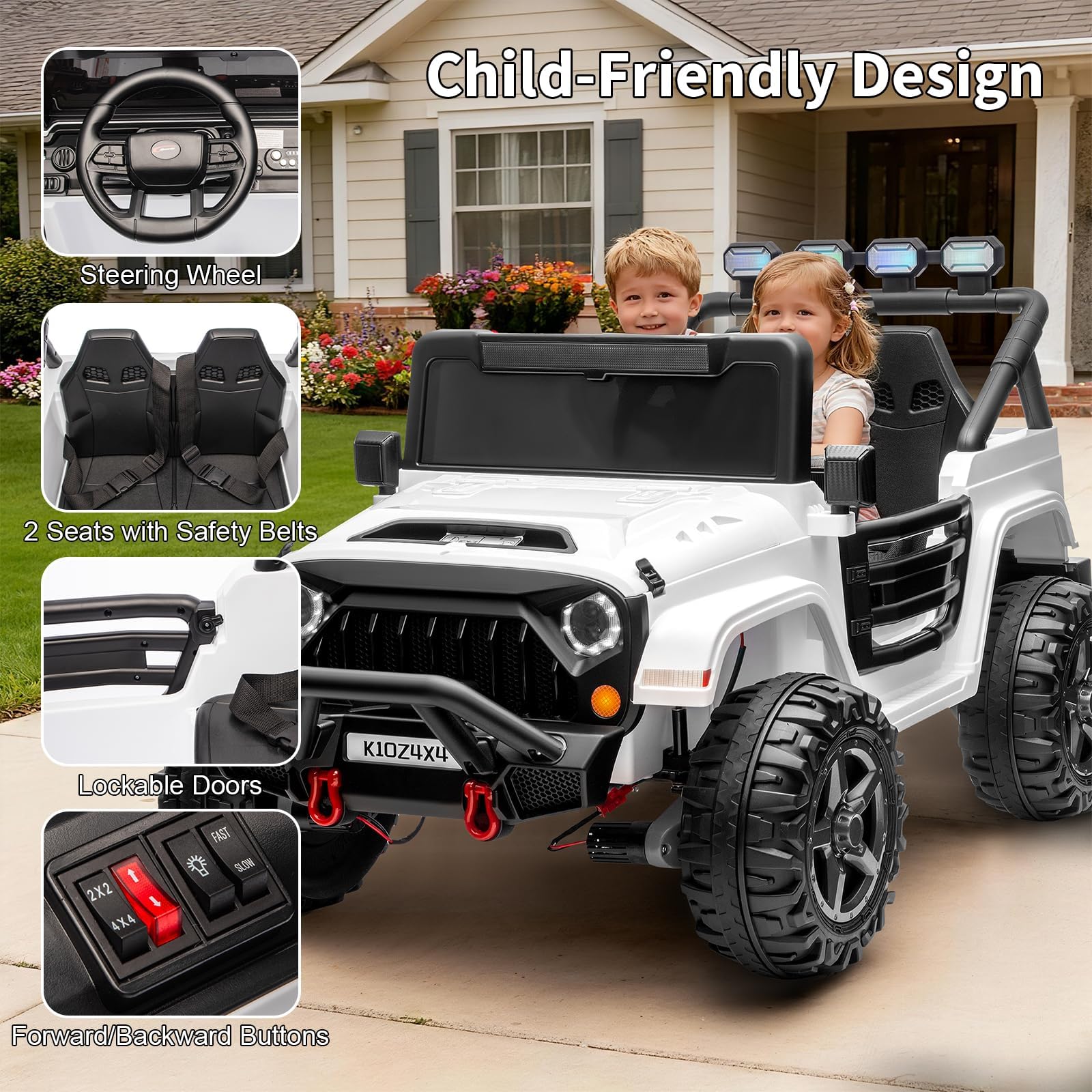 Garvee 24V 2-Seater Electric Ride On Truck for Big Kids – Parental Remote Control – 4-Wheel Suspension – 3 Speeds – LED Lights – Wireless Audio & MP3 Player – Standard Test Method/CPSIA Certified – White