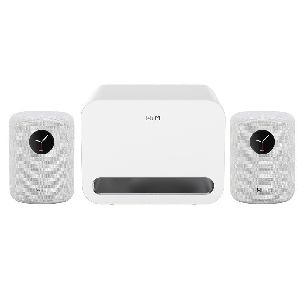 WiiM AMP ULTRA Streaming Amp Silver with WiiM Sound Mulitroom Speakers Pair & Sub Pro Subwoofer White HiFi Package
