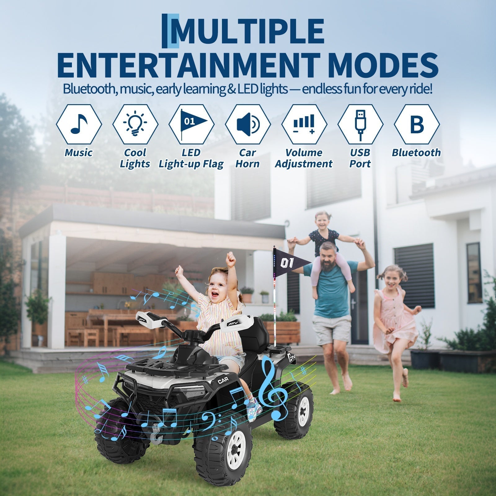 Garvee 12V Electric Ride On Car for Kids 3-8 Years, 2 * 45W Motor, Remote Control, LED Lights, Music Player & Emergency Brake, Battery Powered Cars for Toddlers & Big Kids - Black