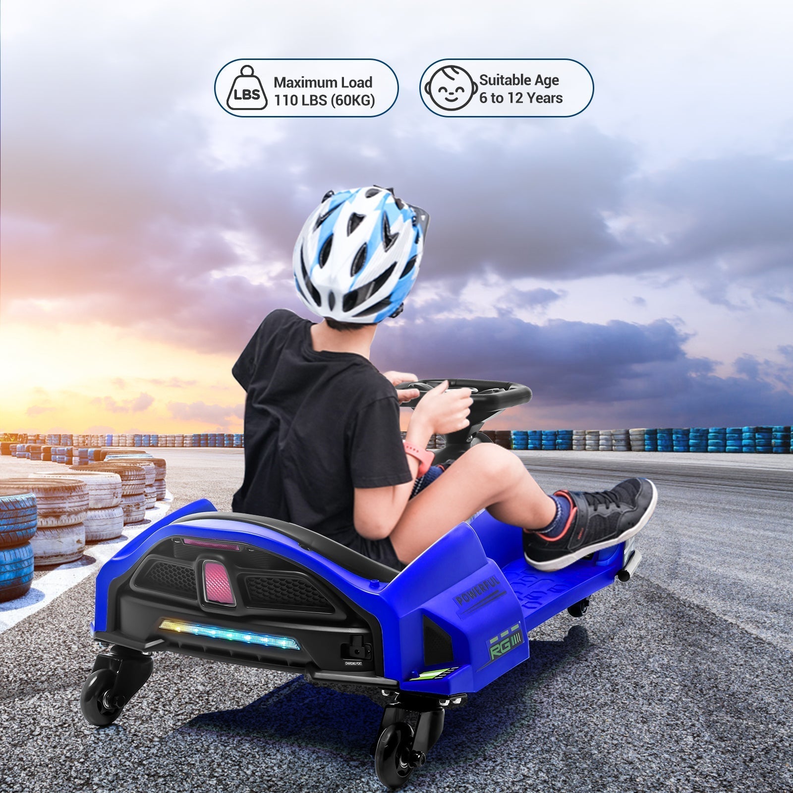 Garvee Ride - G Series: 24V Drift Go-Kart for Kids: Quality Metal, 7.5mph, LED, Music, for 8-12 Years Old - Blue