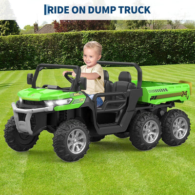 Garvee 2-Seater 6x6 Ride-On Dump Truck: 24V, Remote Control, Battery Powered UTV,Tires, 6-Wheeler, for 3 years and up - Green