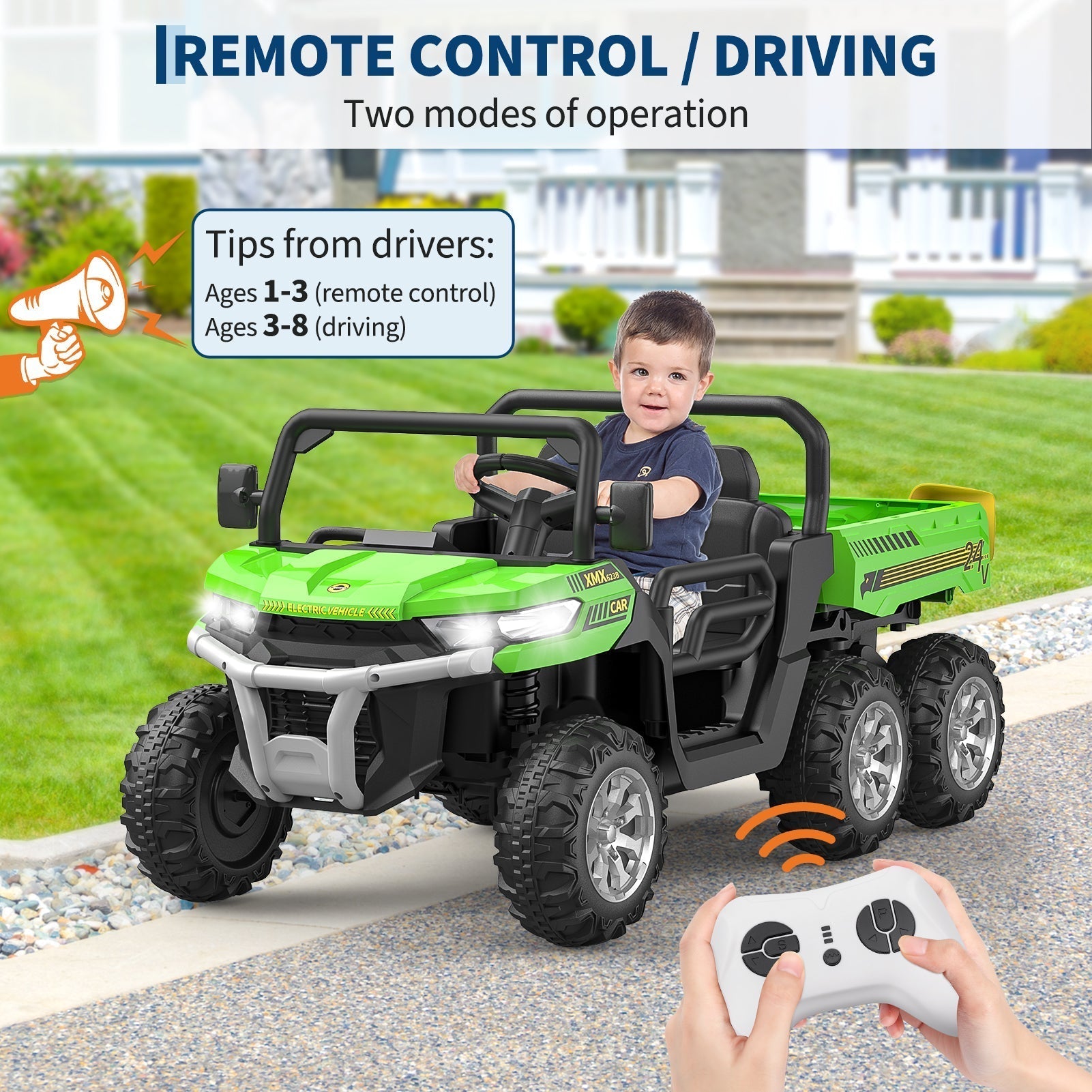 Garvee 2-Seater 6x6 Ride-On Dump Truck: 24V, Remote Control, Battery Powered UTV,Tires, 6-Wheeler, for 3 years and up - Green
