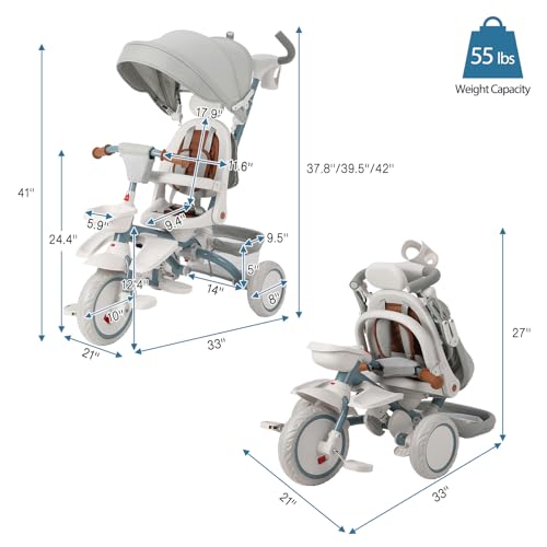 Garvee Baby Tricycle, 7 in 1 Folding Toddler Bike w/Removable Adjustable Push Handle, Canopy, Rotatable Seat, Safety Harness, Cup Holder & Storage, Trike for 1-5 Year Old (White)