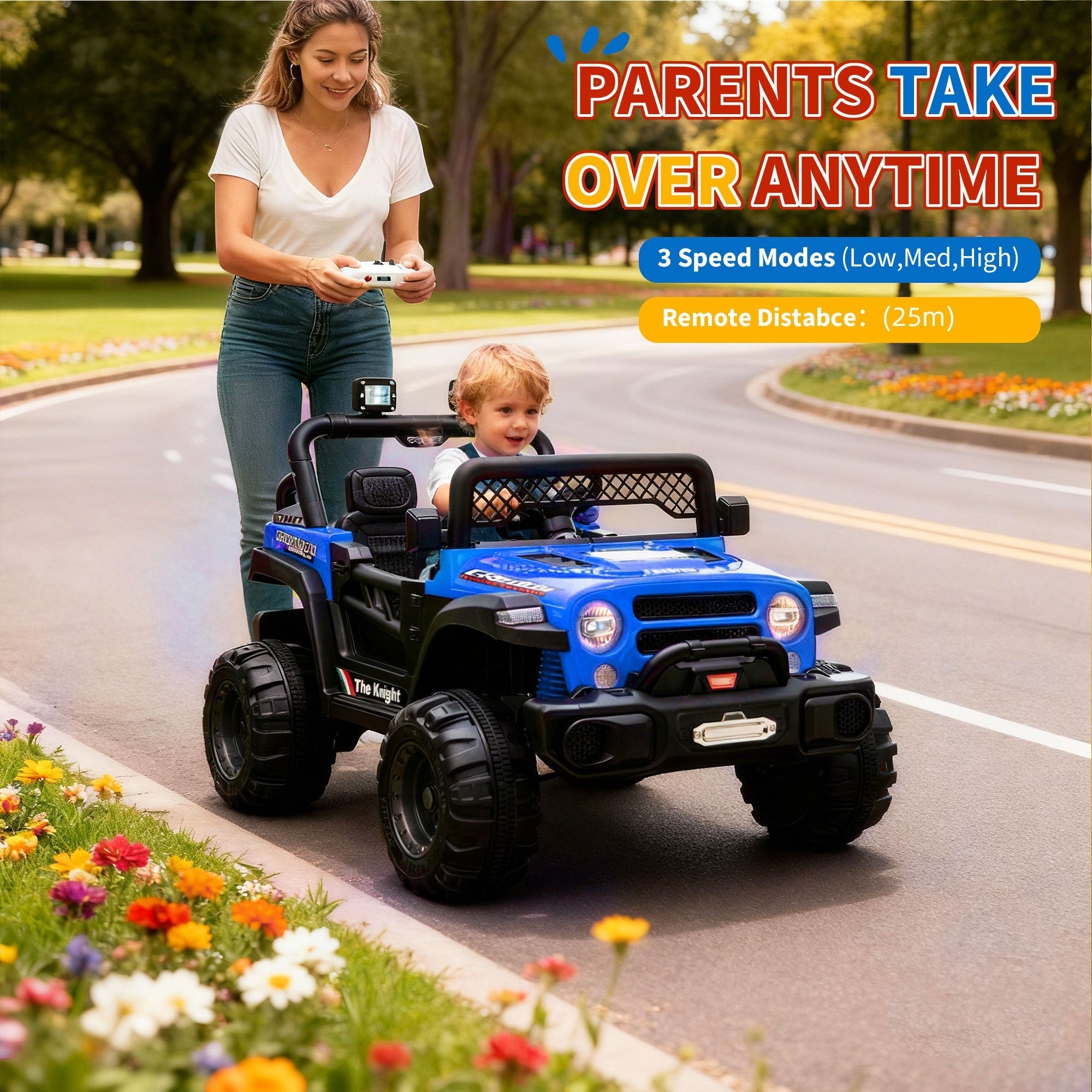 Garvee 12V Kids Electric Ride-On Truck – Dual Motors, 3 Speeds, Remote Control, Spring Suspension, LED Lights, Music, Safety Belt, Storage – Battery Powered Off-Road Toy Vehicle for Boys & Girls Ages 2-8, Blue