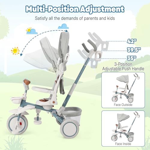 Garvee Baby Tricycle, 7 in 1 Folding Toddler Bike w/Removable Adjustable Push Handle, Canopy, Rotatable Seat, Safety Harness, Cup Holder & Storage, Trike for 1-5 Year Old (White)