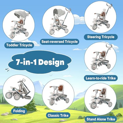 Garvee Baby Tricycle, 7 in 1 Folding Toddler Bike w/Removable Adjustable Push Handle, Canopy, Rotatable Seat, Safety Harness, Cup Holder & Storage, Trike for 1-5 Year Old (White)