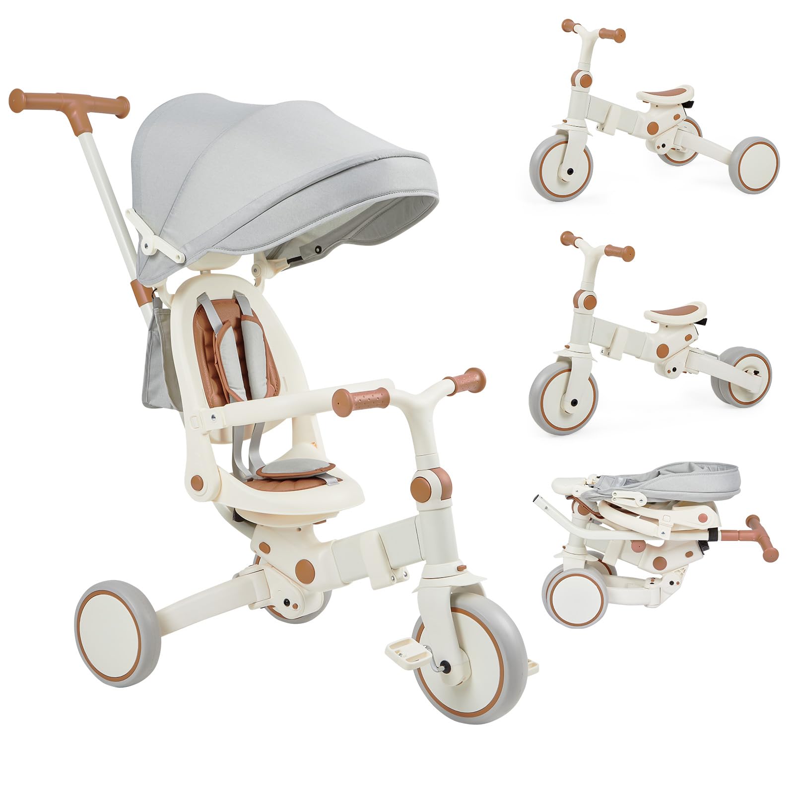 Garvee 7 in 1 Baby Tricycle, Foldable Toddler Tricycle with Removable and Adjustable Parent Handle, Toddler Push Bike with Removable Pedal, Canopy, and Guardrail, Tricycle for 12-72 Months（Brown）