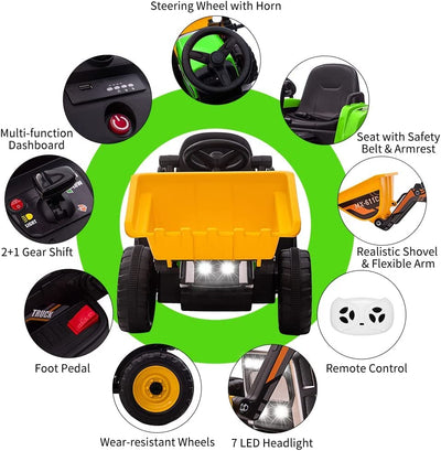 Garvee 12V Kids Ride on Excavator Car + Remote Control + 2+1 Gear Shift + EVA Tires + Music + Bluetooth + ASTM Certified + Indoor/Outdoor Play