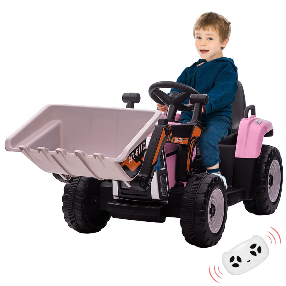 Garvee 12V Kids Ride on Excavator with Parental Remote Control, Electric Powered Construction Vehicle for Toddler with Bucket,Headlights,Horn,Gear Shift,Music for 3-6 Years(EVA Tires) - Pink