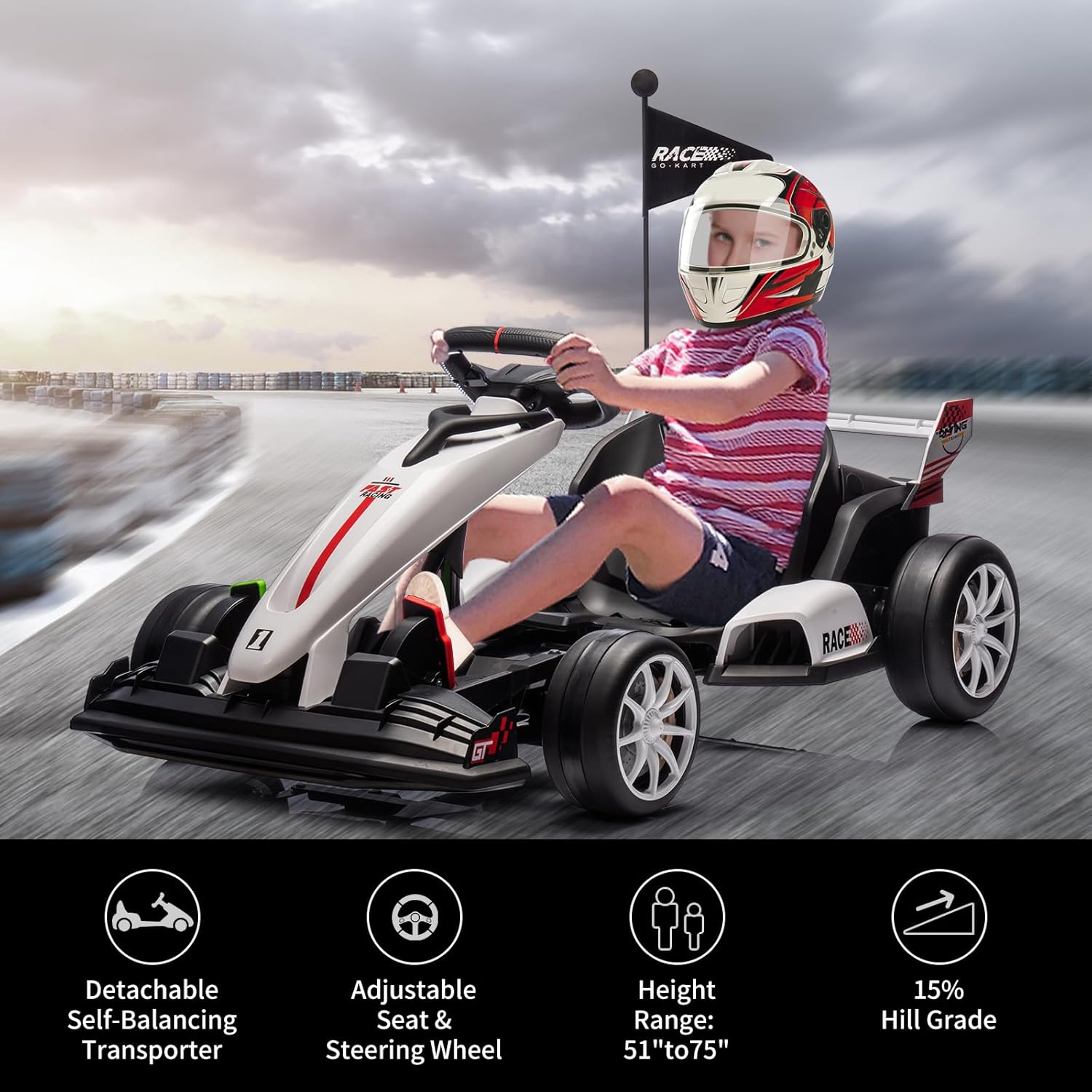 Garvee Ride - G Series: 24V 7Ah Battery Two 200W Motors, 7.5MPH Fast Drifting Circling Car, Stretchable Length Electric Ride Toy,Max Load 135lbs, Racing Toy for Kids 6+ Years,White