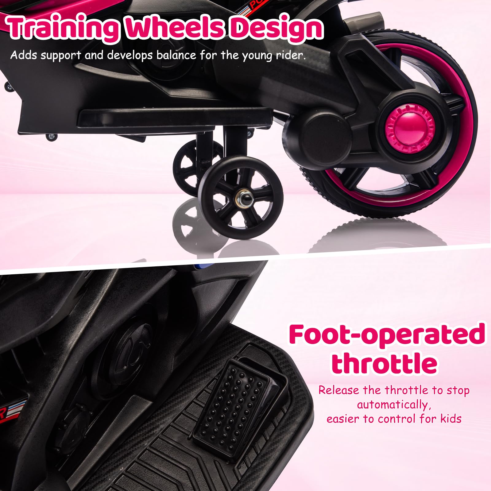 Garvee Kids 6V Ride On Motorcycle with Training Wheels for Toddlers, Rose Red, 30.31" L x 14.96" W x 19.69" H