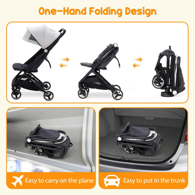 Garvee Lightweight Compact Stroller, One Hand Fold, Airplane Friendly, Reclining Seat, Canopy, Smooth Suspension, Travel Ready, Pink, Ideal for Travel - Beige