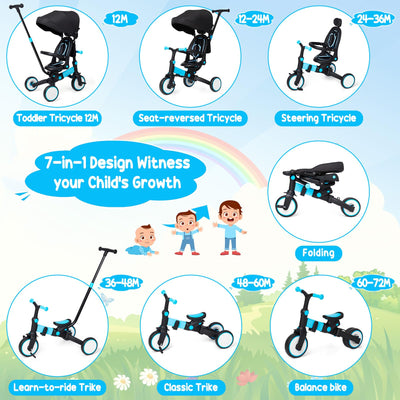 Garvee 7-in-1 Foldable Baby Tricycle with Adjustable Handle, Removable Pedal, Canopy & Guardrail, Aluminum Frame, for 12-72 Months (Blue)