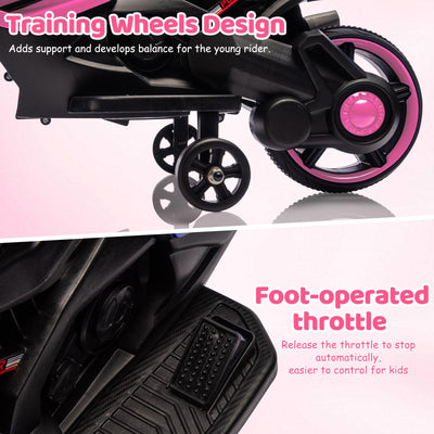 Garvee Kids 6V Ride On Motorcycle Pink With Training Wheels For Toddlers 3-6 Years, Stable Electric Toy Bike