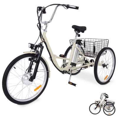 Garvee 26 Inch Adult Electric Tricycle Folding 7-Speed Electric Tricycle with Basket, 36V Detachable Battery, 250W Brushless Motor Suitable for Men and Women, Beige