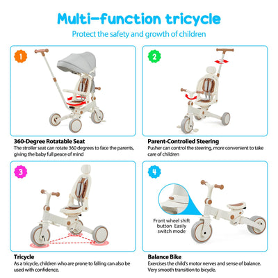 Garvee 7 in 1 Baby Tricycle, Foldable Toddler Tricycle with Removable and Adjustable Parent Handle, Toddler Push Bike with Removable Pedal, Canopy, and Guardrail, Tricycle for 12-72 Months（Brown）