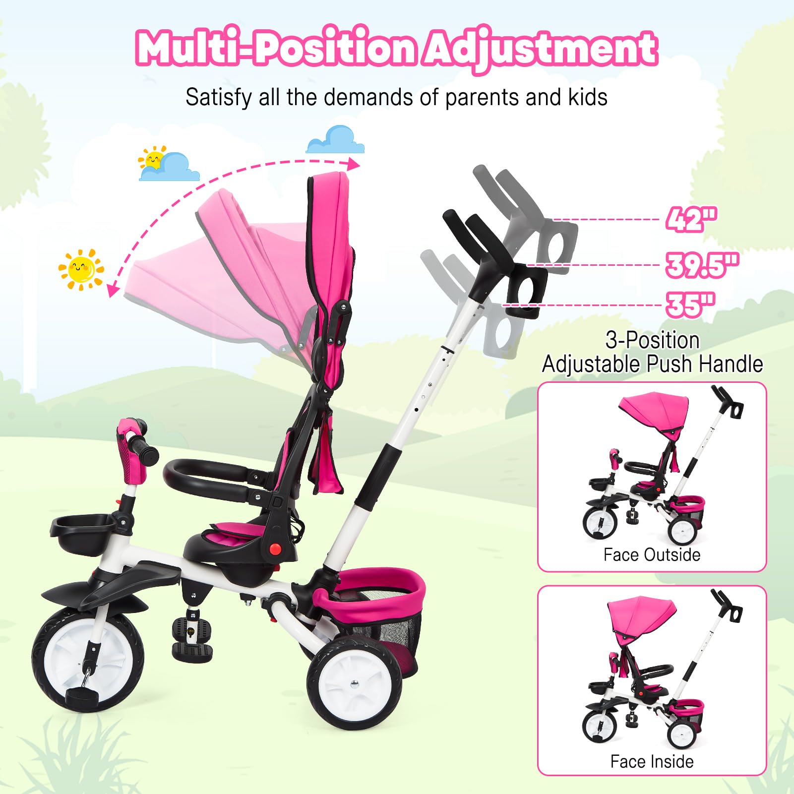 Garvee Baby Tricycle, 7 in 1 Folding Toddler Bike w/Removable Adjustable Push Handle, Canopy, Rotatable Seat, Safety Harness, Cup Holder & Storage, Trike for 1-5 Year Old, Tricycle for Toddlers - Rose Red