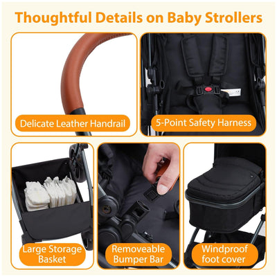 Garvee Convertible Baby Stroller with Bassinet Mode Luxury Aluminum Structure 5-Point Harness Black