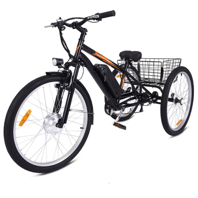 Garvee Adult 3-Wheel Electric Bike, 7-Speed Electric Trike with Basket - Black Orange / 26 inch Wheel