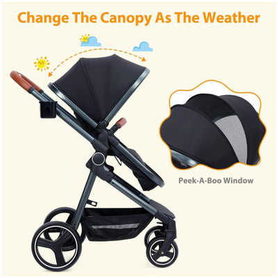 Garvee Convertible Baby Stroller with Bassinet Mode Luxury Aluminum Structure 5-Point Harness Black
