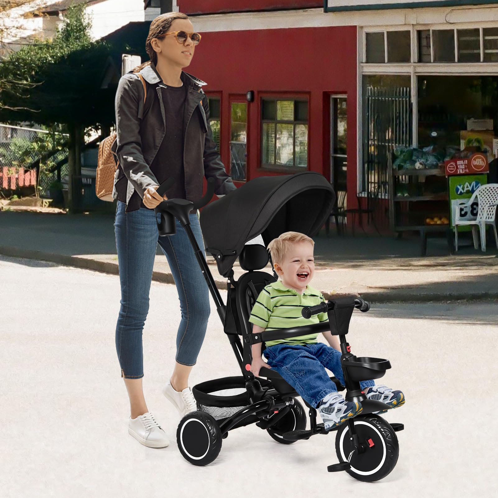 Garvee Baby Tricycle, 7 in 1 Folding Toddler Bike w/Removable Adjustable Push Handle, Canopy, Rotatable Seat, Safety Harness, Cup Holder & Storage, Trike for 1-5 Year Old, Tricycle for Toddlers