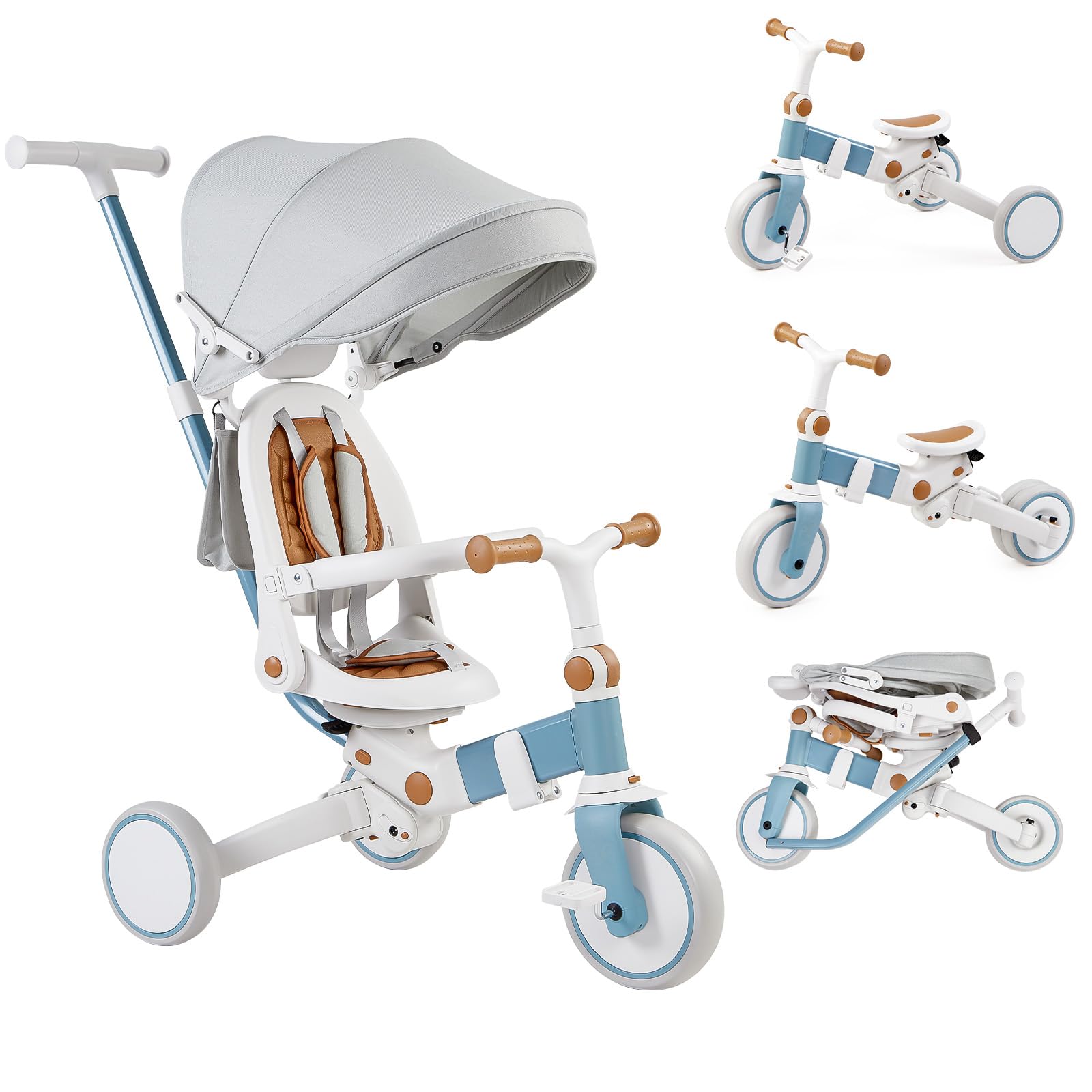 Garvee 7 in 1 Baby Tricycle, Foldable Toddler Tricycle with Removable and Adjustable Parent Handle, Toddler Push Bike with Removable Pedal, Canopy, and Guardrail, Tricycle for 12-72 Months（White）