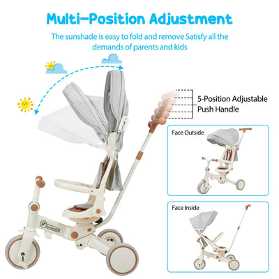 Garvee 7 in 1 Baby Tricycle, Foldable Toddler Tricycle with Removable and Adjustable Parent Handle, Toddler Push Bike with Removable Pedal, Canopy, and Guardrail, Tricycle for 12-72 Months（Brown）