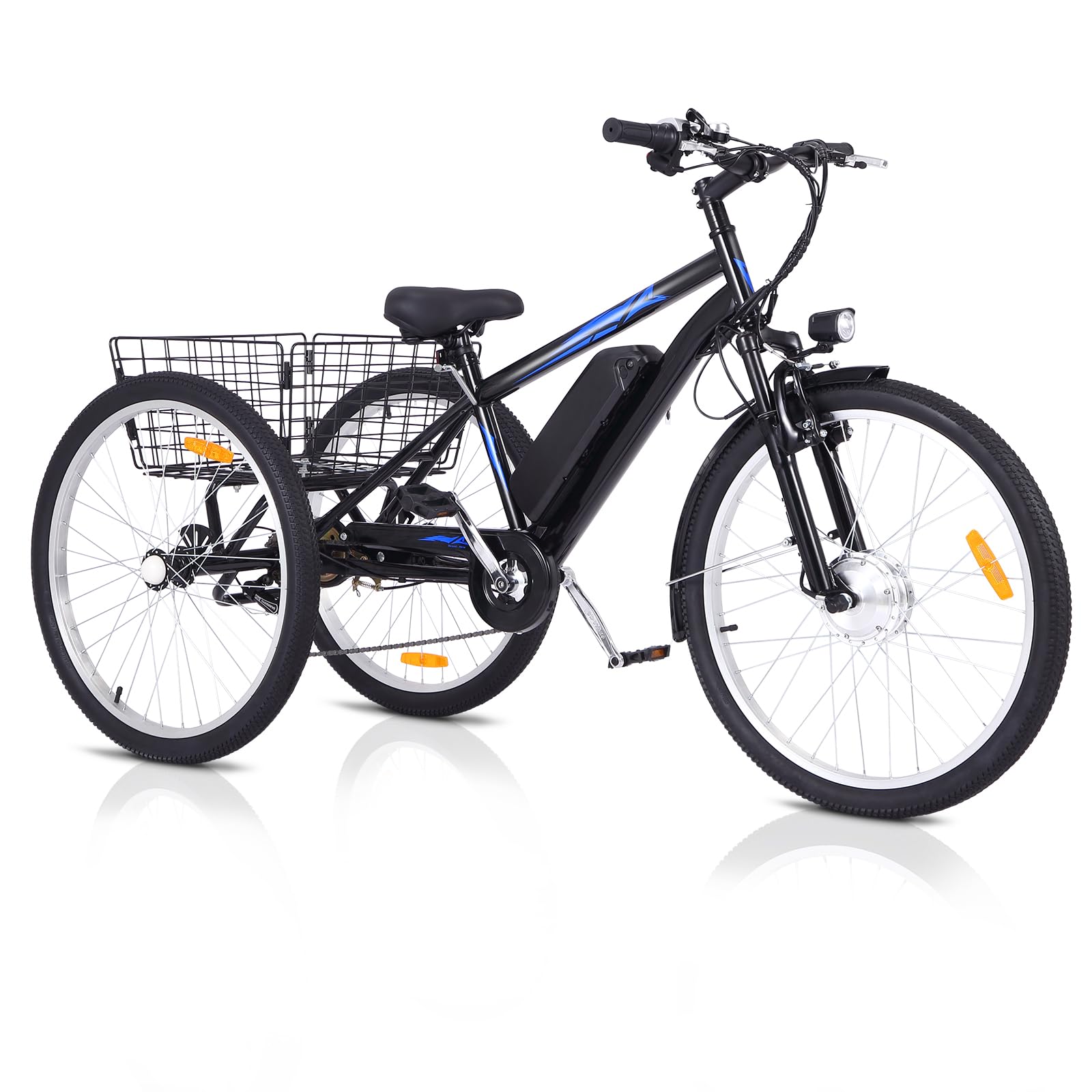 Garvee Adult 3-Wheel Electric Bike, 7-Speed Electric Trike with Basket - Black Orange / 26 inch Wheel