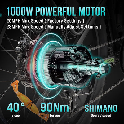 Garvee Electric Bike for Adults, [Peak 1500W Motor] Electric Mountain Bike, 26" Fat Tire Ebike, Max 60 Miles 28MPH Electric Bicycle with 48V/17.5Ah Battery, LCD Display, 7 Speed, Front Suspension (Gray)