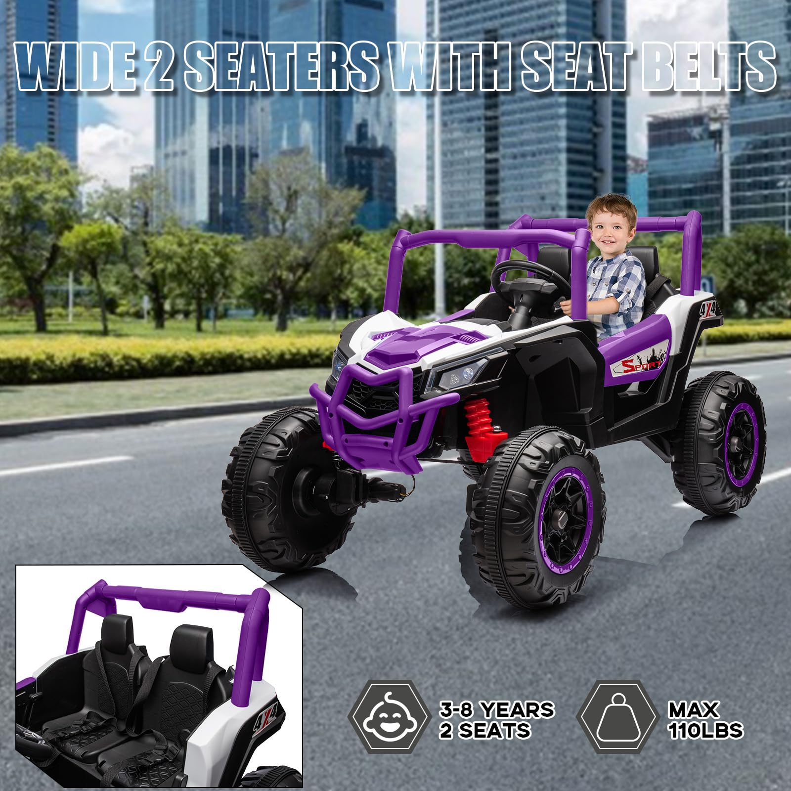 Garvee 2 Seater Ride on Car for Kids, 24V Powered Electric Off-Road UTV Ride Toy, 4WD Electric Vehicle with Remote Control, LED Lights, Bluetooth, 3 Speeds, Horn, 2 Spring Suspension
