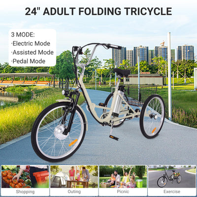 Garvee 26 Inch Adult Electric Tricycle Folding 7-Speed Electric Tricycle with Basket, 36V Detachable Battery, 250W Brushless Motor Suitable for Men and Women, Beige