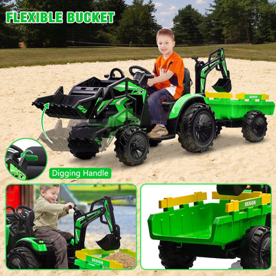 Garvee 3-in-1 Ride-On Tractor For Kid Age 3+,max 66 lbs, 24V Electric, Excavator & Bulldozer, Remote Control, LED, Music, USB/Bluetooth