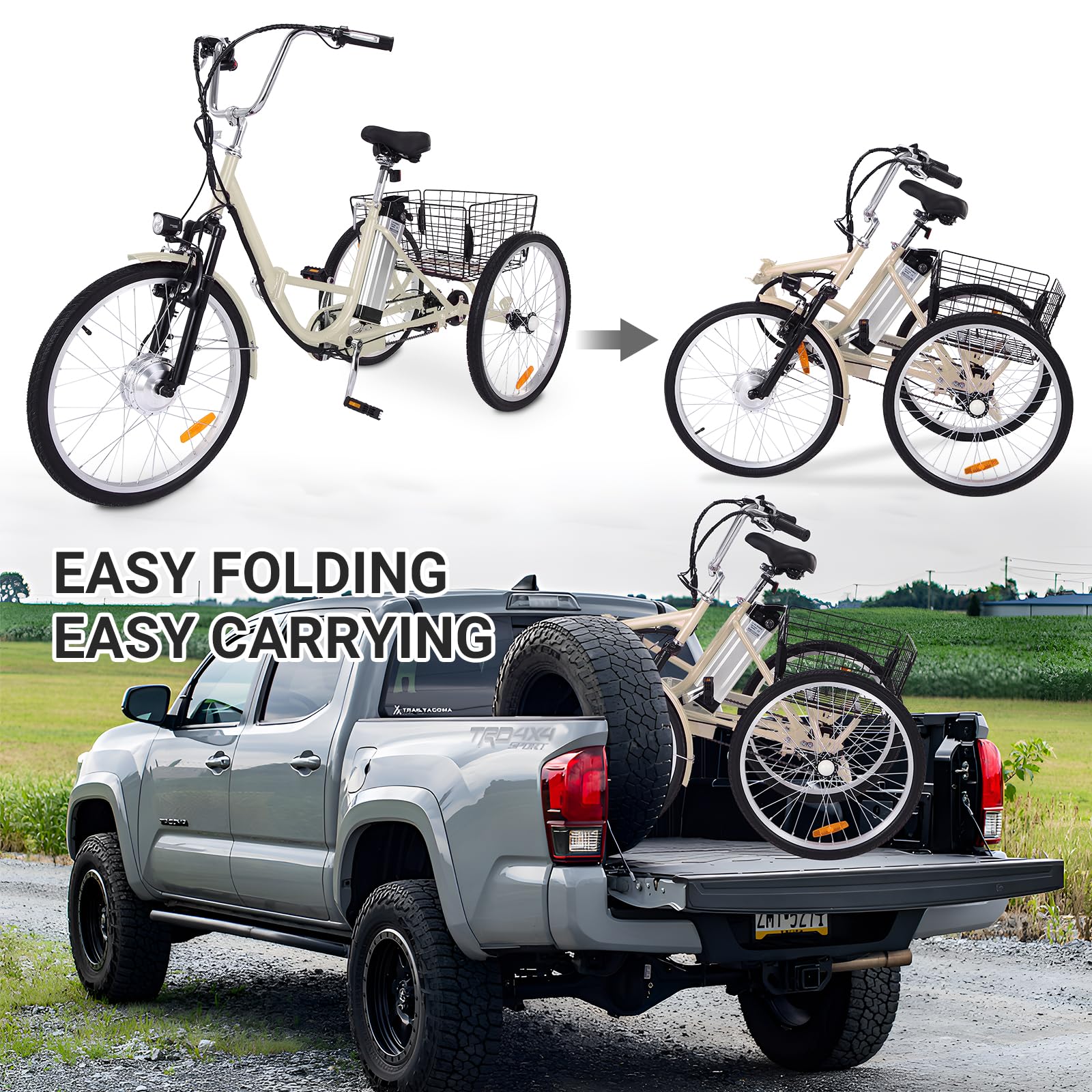 Garvee 26 Inch Adult Electric Tricycle Folding 7-Speed Electric Tricycle with Basket, 36V Detachable Battery, 250W Brushless Motor Suitable for Men and Women, Beige