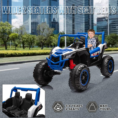 Garvee 2 Seater Ride on Car for Kids, 24V Powered Electric Off-Road UTV Ride Toy, 4WD Electric Vehicle with Remote Control, LED Lights, Bluetooth, 3 Speeds, Horn, 2 Spring Suspension (Blue)