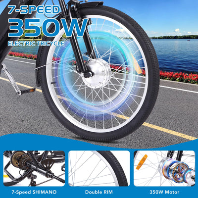 Garvee Adult 3-Wheel Electric Bike, 7-Speed Electric Trike with Basket - Black Orange / 26 inch Wheel