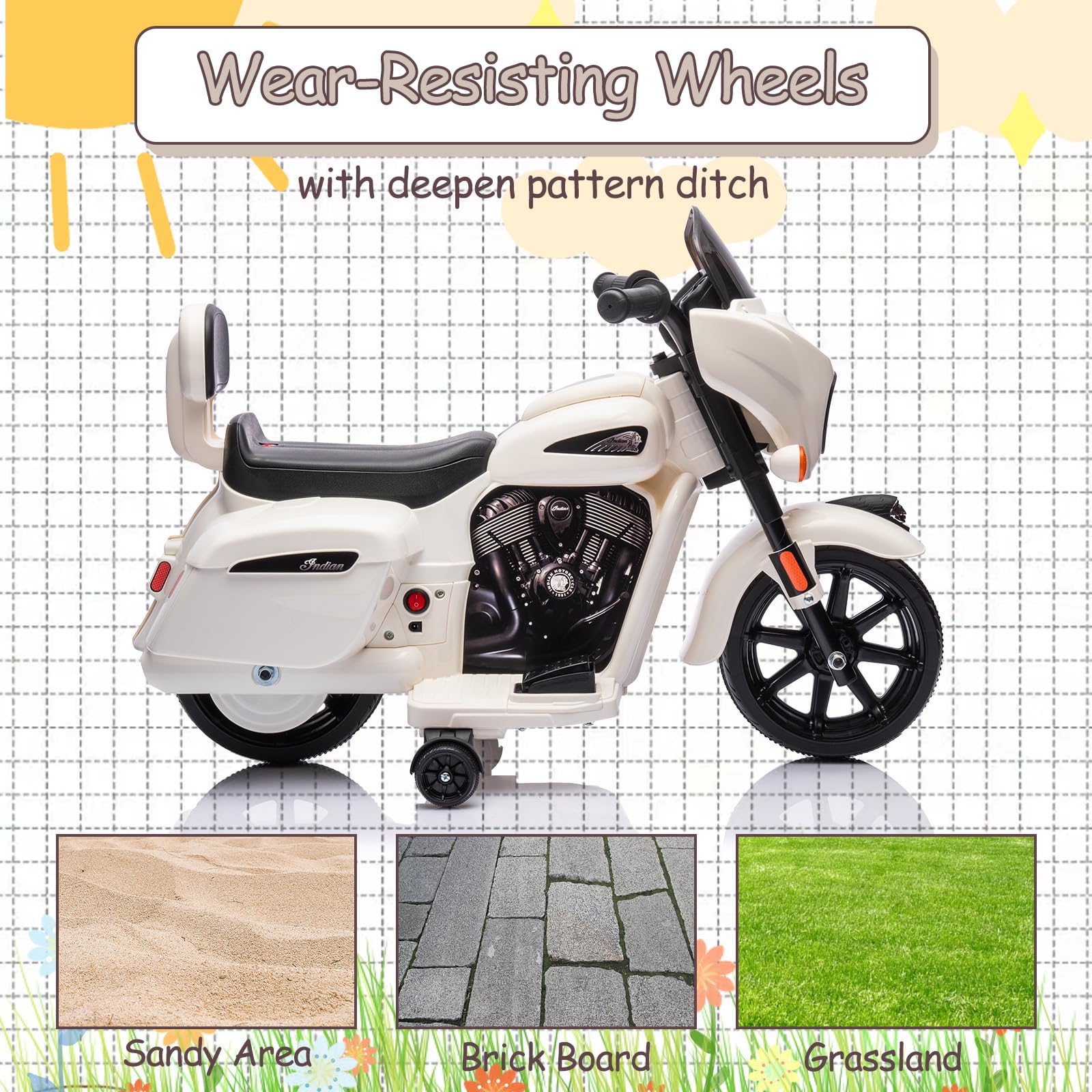 Garvee Ride - B Series: 6V Ride-On Motorcycle for Kids, Electric Dirt Bike with USB, Music, Headlight - White
