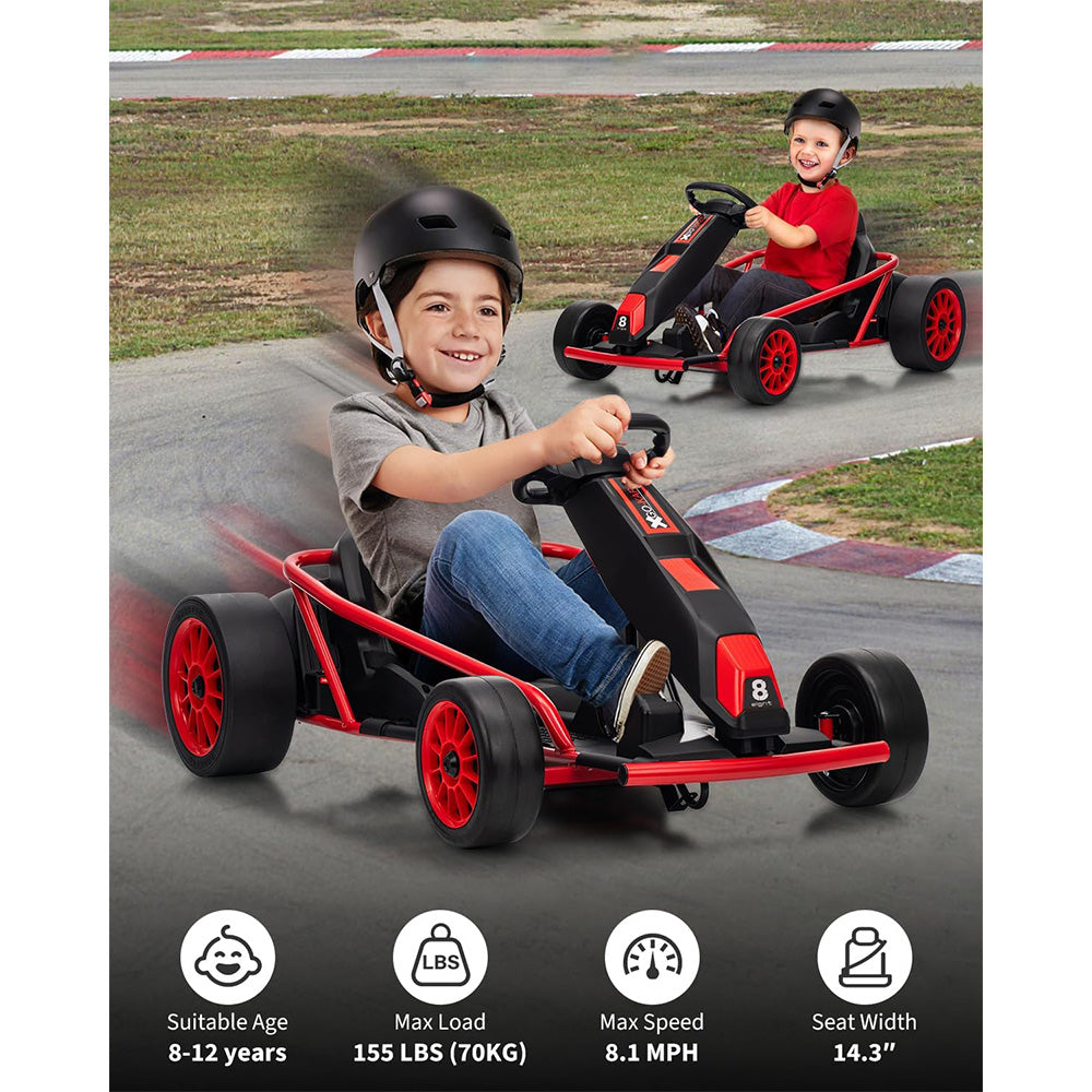 Garvee 24V 9Ah Kids Ride On Go Kart Toy,High Speed 8.1MPH Drifting Car with 2x300W Motors,14.3" XL Seat,Full Metal Frame,Music,Power Display,Max Load 155Lbs Racing for Kids 8-12 Years - Red