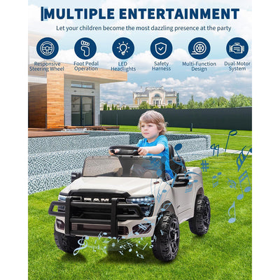 Garvee 12V Ride On Truck Car RAM Licensed Pickup, Remote Control, Spring Suspension, Battery Powered, LED Lights, All-Terrain Tires, White, Outdoor Play