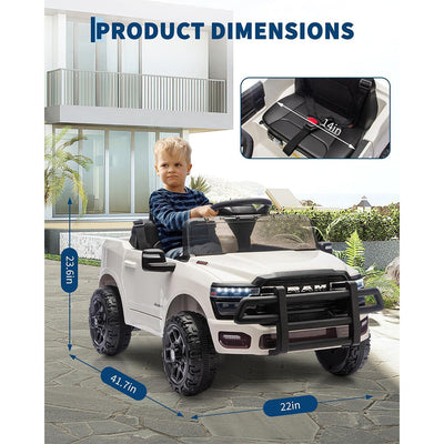 Garvee 12V Ride On Truck Car RAM Licensed Pickup, Remote Control, Spring Suspension, Battery Powered, LED Lights, All-Terrain Tires, White, Outdoor Play