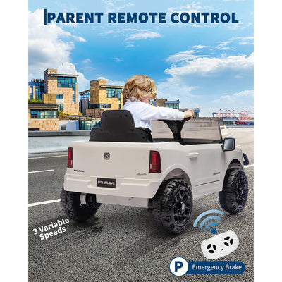Garvee 12V Ride On Truck Car RAM Licensed Pickup, Remote Control, Spring Suspension, Battery Powered, LED Lights, All-Terrain Tires, White, Outdoor Play