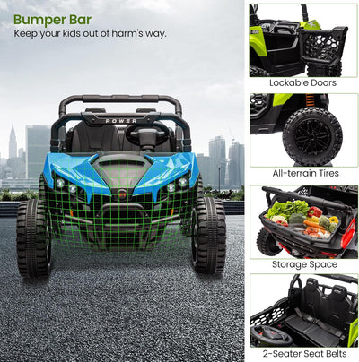 Garvee 24V Ride On Car Electric Off-Road UTV Truck with Remote Control, Lockable Doors, Safety Belt, PP+Metal, LED Lights, Music Player, Blue, Kids Outdoor Fun - Blue