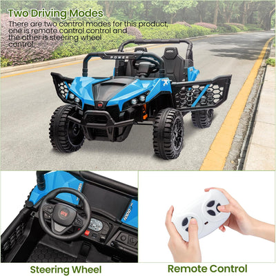 Garvee 24V Ride On Car Electric Off-Road UTV Truck with Remote Control, Lockable Doors, Safety Belt, PP+Metal, LED Lights, Music Player, Blue, Kids Outdoor Fun - Blue