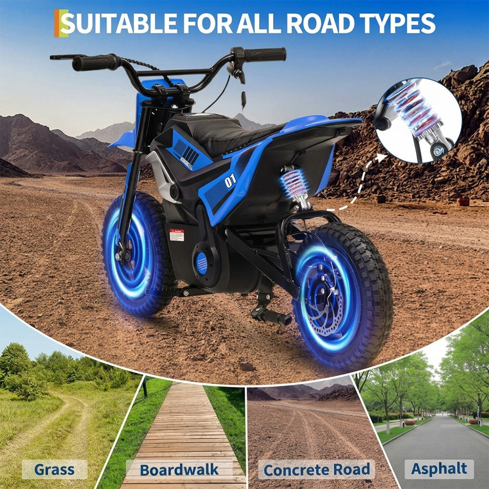 Garvee 24V Electric Dirt Bike for Kids 350W Motor, Rear Suspension, Leather Seat, Bluetooth Music, 12" Tires, Ages 10+, Outdoor Riding