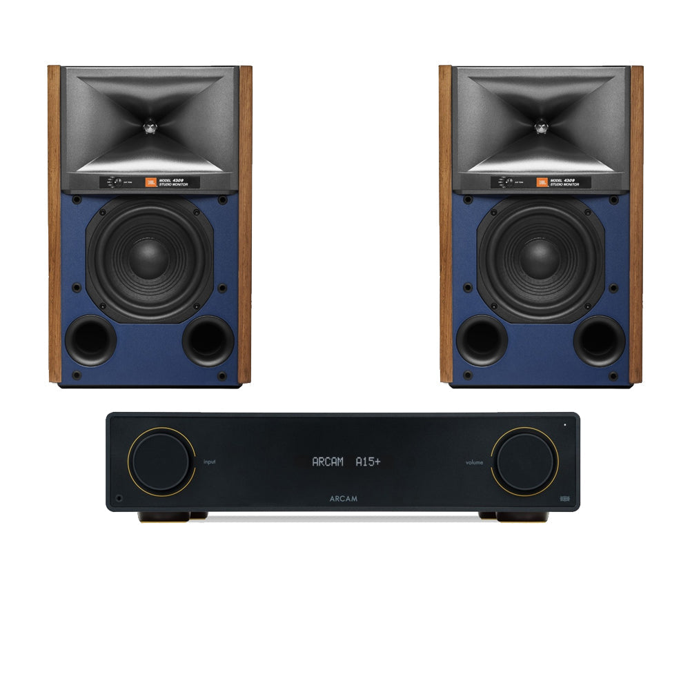 Arcam A15+ Integrated Amplifier Black with JBL 4309 Studio Monitor Bookshelf Speakers Walnut Pair