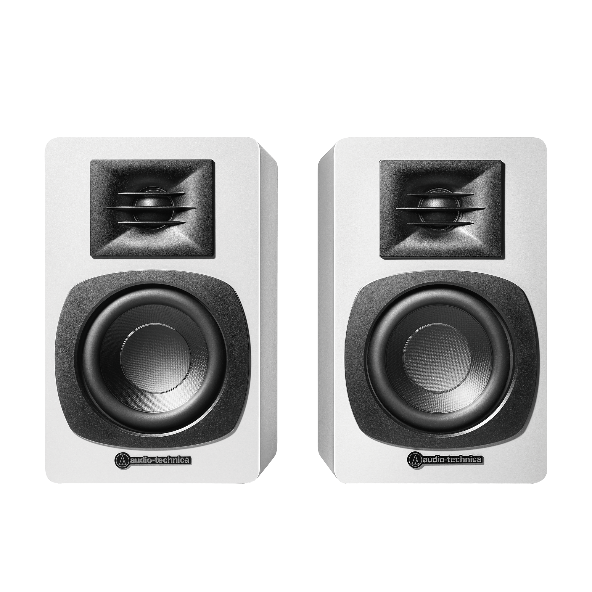 Audio Technica AT-SP3X Powered Bluetooth Bookshelf Speakers White with AT-ST3 Stands Pair
