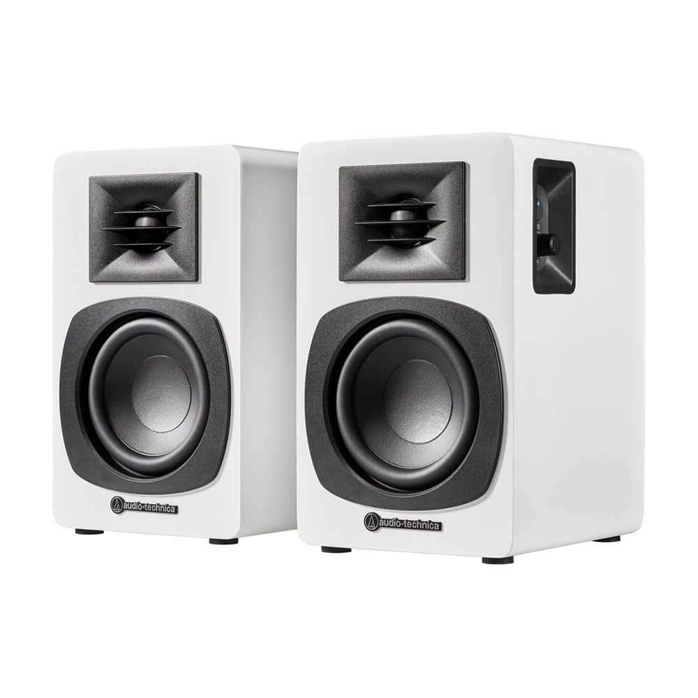 Audio Technica AT-SP3X Powered Bluetooth Bookshelf Speakers White with AT-ST3 Stands Pair