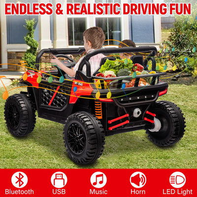 Garvee 24V Ride On Car Electric Off-Road UTV Truck with Remote Control, Lockable Doors, Safety Belt, PP+Metal, LED Lights, Music Player, Blue, Kids Outdoor Fun - Red
