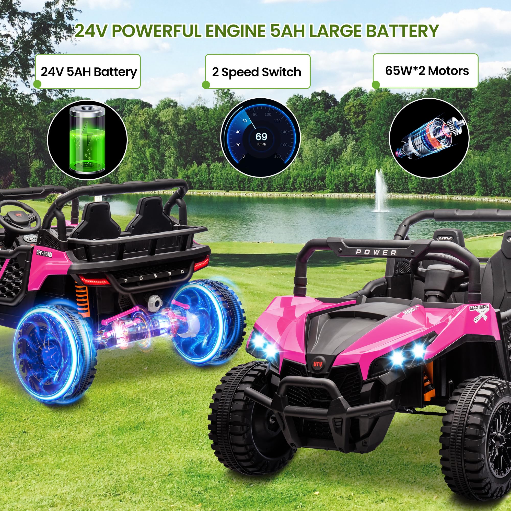 Garvee 24V Ride On Car Electric Off-Road UTV Truck with Remote Control, Lockable Doors, Safety Belt, PP+Metal, LED Lights, Music Player, Blue, Kids Outdoor Fun - Rose